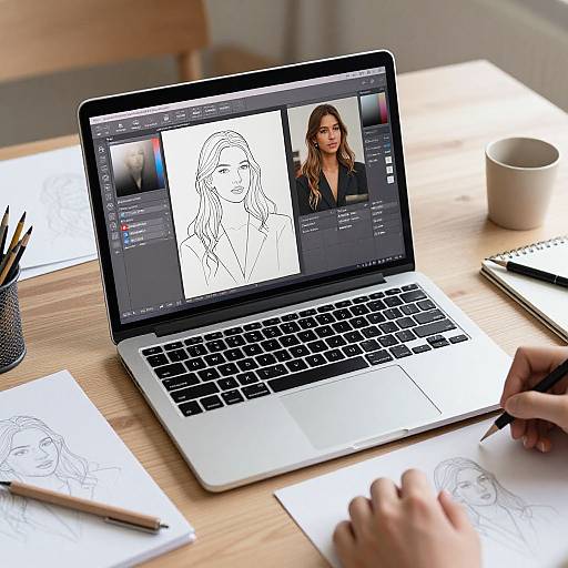 Photograph of a laptop on a wooden desk, displaying a digital line drawing of a woman with a photograph of a smiling woman beside it. Hands sketch