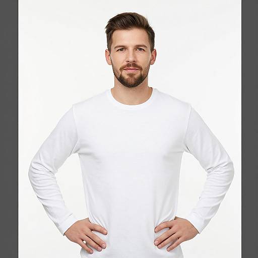 Photograph of a bearded man with short brown hair, wearing a white long-sleeve shirt, standing with hands on hips against a plain white