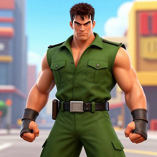 CGI image of a muscular, dark-haired man in a green sleeveless military-style uniform with black wristbands, standing in a blurred urban street background