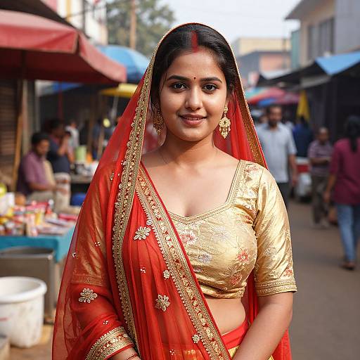Photograph of a smiling South Asian woman in a red and gold traditional saree and blouse, standing in a bustling outdoor market.