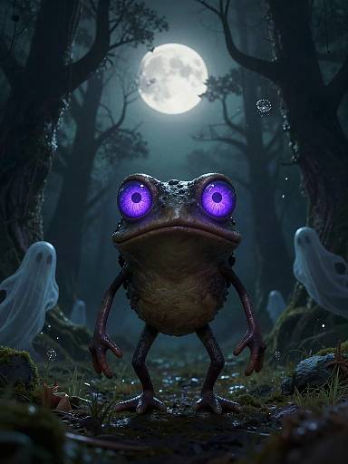 CGI illustration of a large, creepy frog with glowing purple eyes, standing in a dark, misty forest under a full moon, surrounded by floating