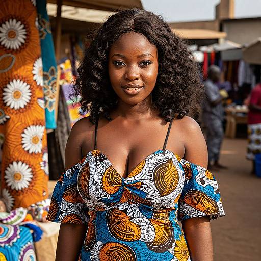 Photograph of a smiling African woman with curly black hair, wearing a colorful off-shoulder dress with circular patterns, standing in a vibrant, bustling