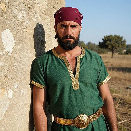 Photograph of a bearded man with a red bandana, green tunic with gold trim, and gold belt, standing against a weathered wall