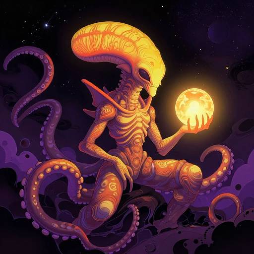 Digital artwork of an alien with a glowing orange-yellow head, tentacles, and intricate patterns, holding a bright, luminous orb against a dark,