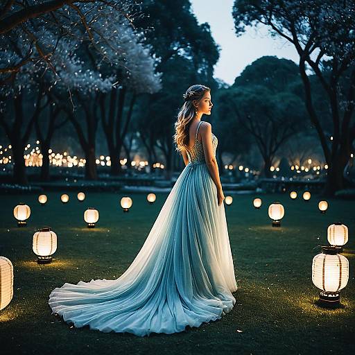 Elegant Woman in Flowing Gown with Lanterns