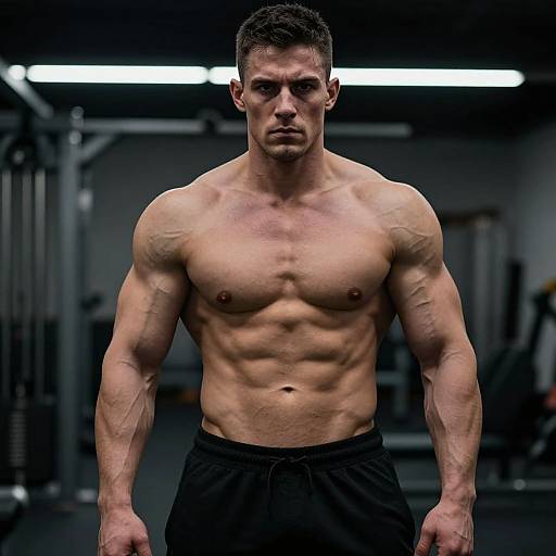 Photograph of a muscular, shirtless, light-skinned man with short dark hair, standing in a dimly lit gym, wearing black shorts,