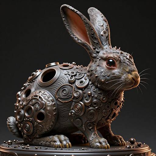 Photorealistic CGI of an intricately detailed, silver, ornate rabbit sculpture with swirling patterns, circular cutouts, and metallic textures, set against