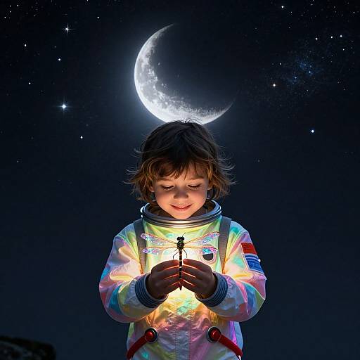 Photograph of a young child in a glowing space suit holding a tiny figure, with a crescent moon and stars in the dark night sky background.