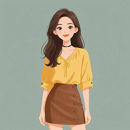 Digital illustration of a smiling Asian woman with long black hair, wearing a yellow blouse, brown button skirt, black choker, and teal background.