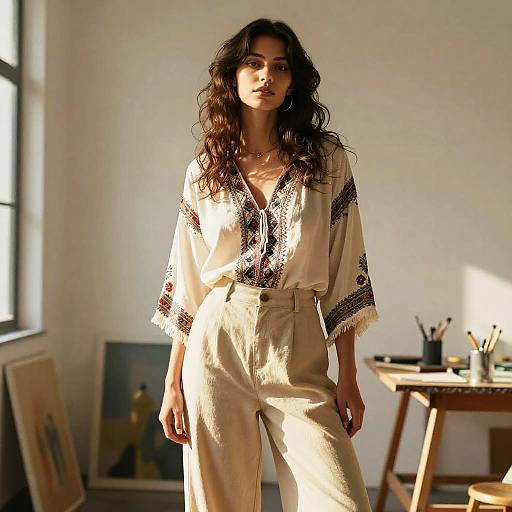 Photograph of a tall, dark-haired woman in a white, embroidered blouse and high-waisted beige pants, standing in a sunlit, art
