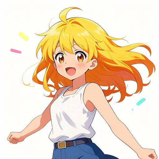 Anime-style digital drawing of a cheerful, blonde-haired girl with bright orange eyes, wearing a white sleeveless top and blue skirt, smiling widely against a