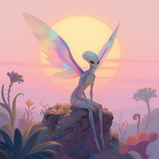 Digital fantasy art: Ethereal, blue-skinned fairy with translucent, rainbow wings sits on a rocky outcrop at sunset, surrounded by vibrant, surreal