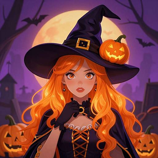 Digital anime-style illustration of a red-haired witch with glowing eyes, wearing a black hat with a pumpkin, black dress, and gloves, against a full
