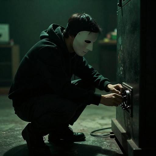 Crouching Figure Working on Dark Machine