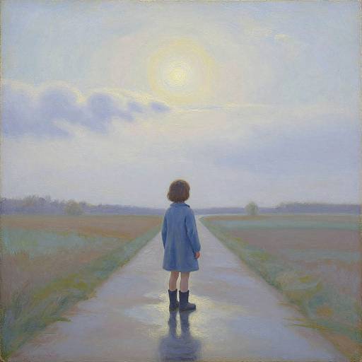 Whimsical oil painting of a child in a blue coat, standing on a sunlit, empty country road, gazing into the bright, cloudy