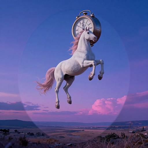 Photograph of a white horse mid-leap, with an oversized clock on its head, against a vivid blue and purple sunset sky.