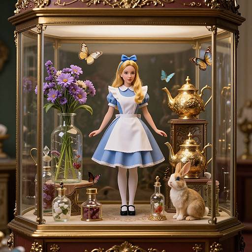 Photograph of a detailed dollhouse display featuring a blonde Alice in Wonderland doll, surrounded by butterflies, flowers, teapot, rabbit, and glass bottles