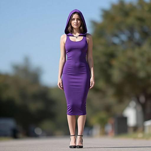 Photograph of a woman in a tight, purple, sleeveless dress with a hood, black heels, standing on a sunny street, blurred green trees