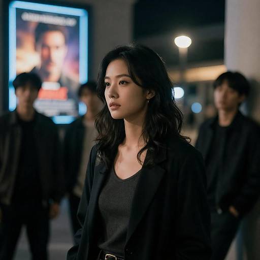 Woman with Wavy Hair in Urban Night Scene