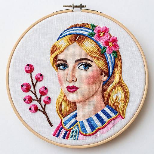 Colorful cross-stitch portrait of a blonde woman with blue eyes, pink flowers in hair, striped blue and white collar, and red cherries.