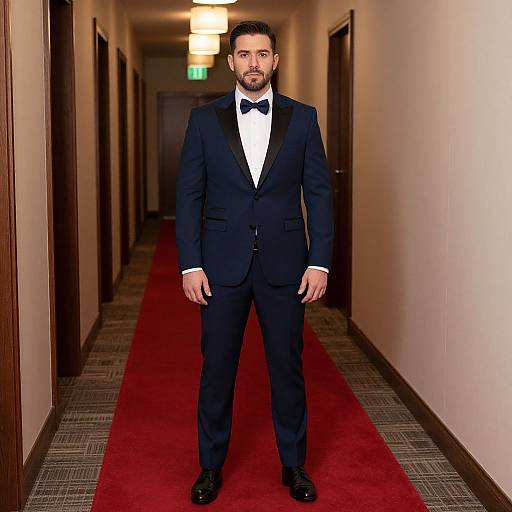 Photograph of a bearded man in a black tuxedo with bow tie, standing in a hotel hallway with red carpet.