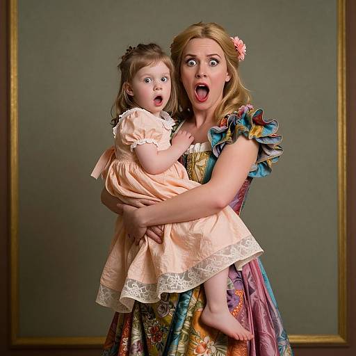 Photograph of a shocked blonde woman in colorful, ruffled dress holding a surprised toddler in a peach dress against a plain, green background.