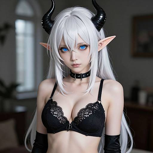 Digital artwork of a pale-skinned, blue-eyed elf woman with long white hair, black horns, lace black bra, choker, and black gloves