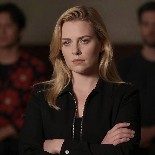 Serious Blonde Woman in Dimly Lit Room