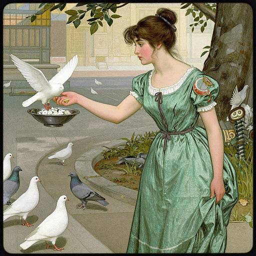 Digital illustration of a fair-skinned woman in a green dress feeding white pigeons on a city street, with a tree and buildings in the background.