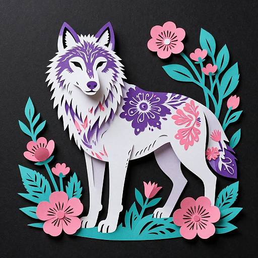 Digital illustration of a white wolf with purple and pink floral patterns, standing amidst pink flowers and teal leaves on a black background.