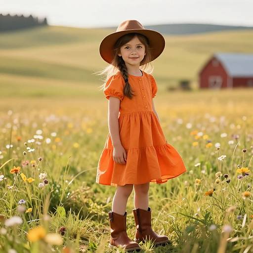 Sunlit Meadow Girl in Orange Dress