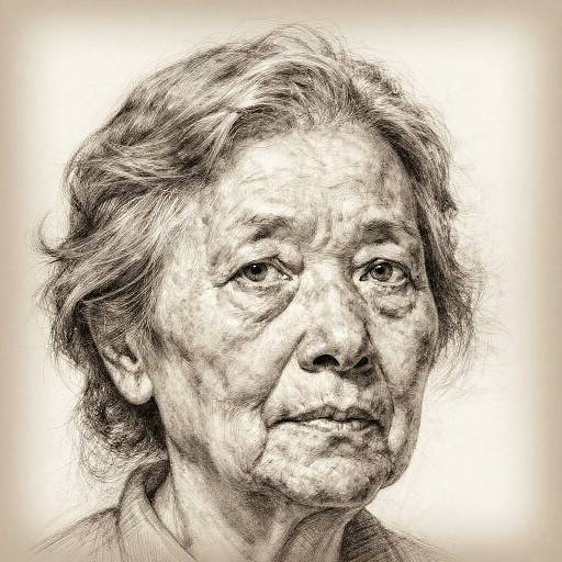 Detailed black and white sketch of an elderly woman with wavy hair, expressive eyes, and wrinkles, against a plain white background.
