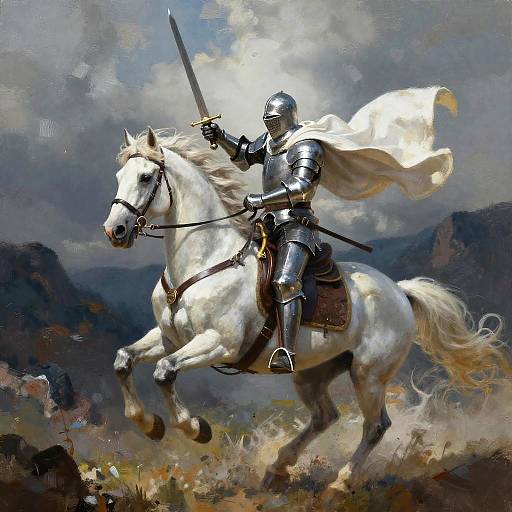 Dramatic Knight Charging Through Mountains