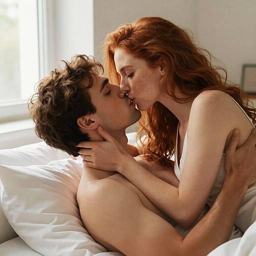 Photograph of a red-haired, freckled woman passionately kissing a dark-haired man on a white bed, both nude, with sunlight streaming in.