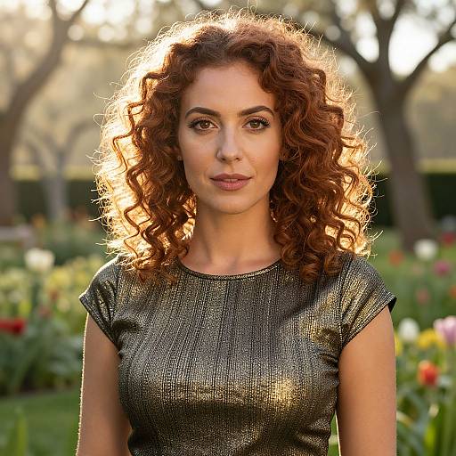 Photograph of a curly-haired woman with fair skin and brown eyes, wearing a metallic gray dress, standing in a sunlit garden.