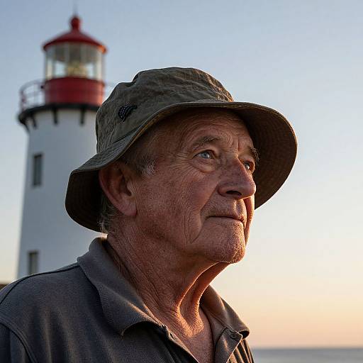 Photograph of an elderly man with weathered skin and green hat, gazing right, in front of a white lighthouse with red top against a