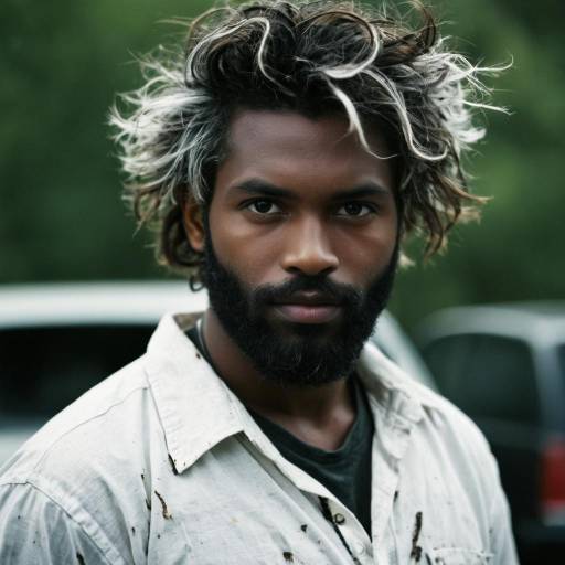 Dark-skinned man with messy hair and beard