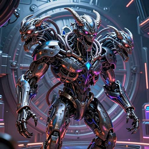 CGI image of a futuristic, metallic, three-headed demon robot with glowing blue and pink accents, standing in a high-tech, circular-lit sci