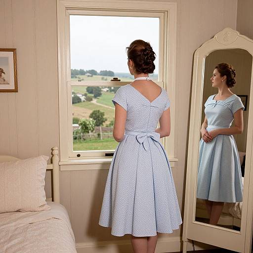 Photograph: Curly-haired woman in light blue, polka-dotted 1950s dress stands before window and mirror, reflecting countryside view.