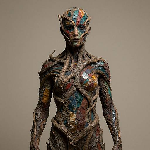 Photograph of a sculpted figure with a mixed-media, mosaic-like texture, featuring colorful, reflective tiles and organic, twisted metal elements, against a