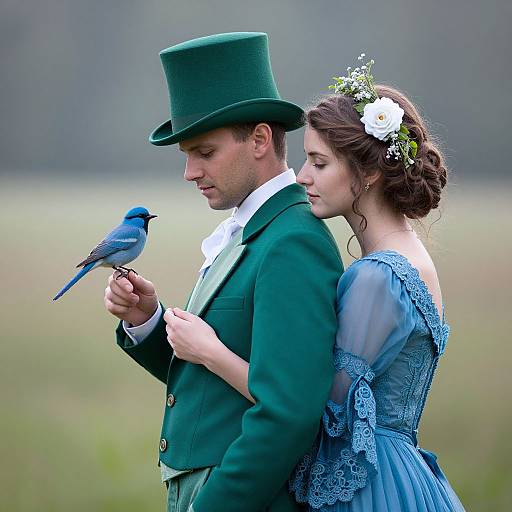 Photograph of a man in a green top hat and jacket, holding a blue bird, with a woman in a blue lace dress, white flower hair