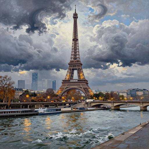 Photograph of the Eiffel Tower illuminated against a dramatic, cloudy sky over the Seine River in Paris, with boats and city lights in the