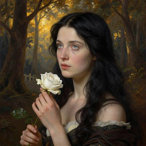 Digital painting of a fair-skinned woman with long black hair, holding a white rose in a forest with golden sunlight.