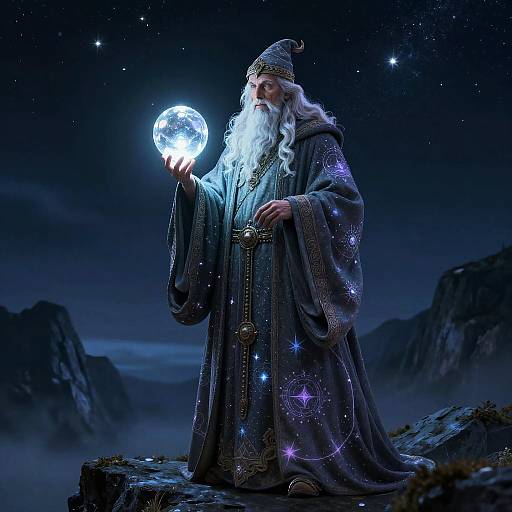 Digital artwork of a white-bearded wizard in a starry, dark blue robe holding a glowing, celestial orb under a starry night sky.