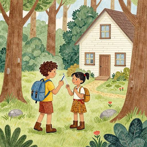 Colorful illustration of a boy and girl standing in a forest, pointing at a white house with brown door and windows. Both wear backpacks and school