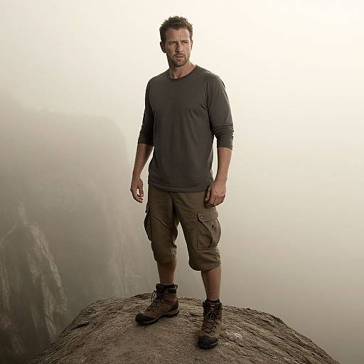 Photograph of a rugged, bearded man in dark long-sleeve shirt, brown cargo shorts, and hiking boots standing on a misty mountain