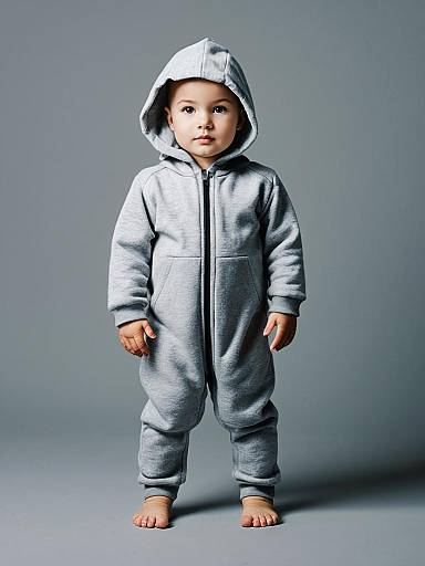 Toddler Boy in Grey Hooded Jumpsuit Standing Barefoot