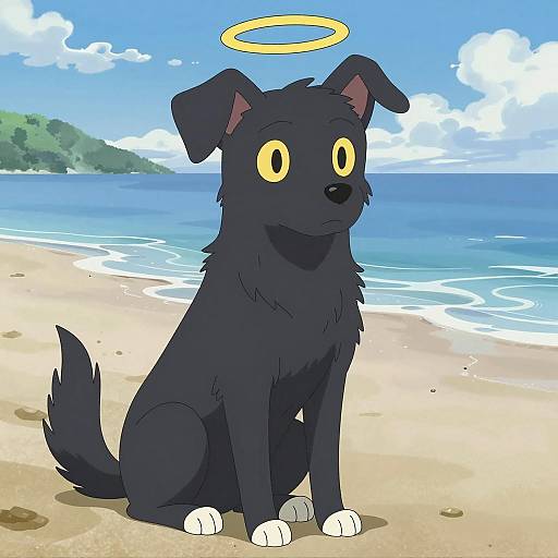 Anime Black Dog with Halo on Beach