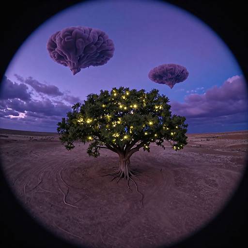 Photograph of a tree with glowing lights in a desert, under a purple-blue sky with two floating, cloud-like shapes. Fisheye lens