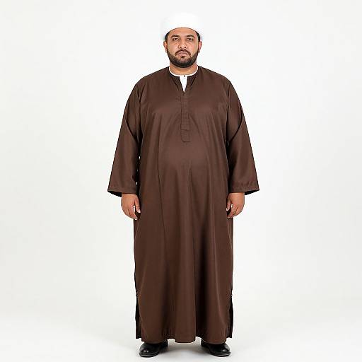 Photograph of a bearded, middle-aged man with a medium build, wearing a long, dark brown traditional Islamic garment against a plain white background.